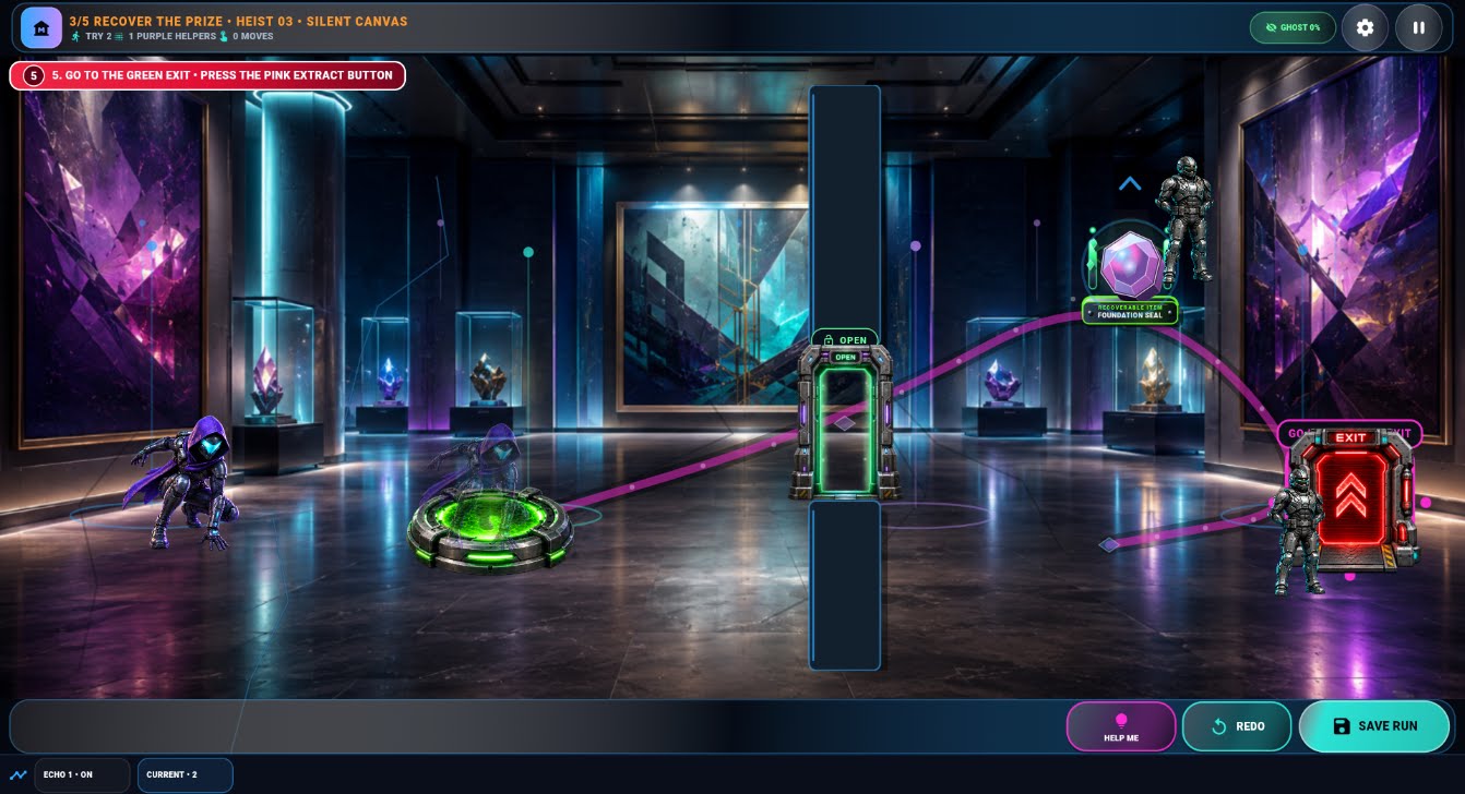 HEISTWEAVE gameplay showing the crew recovering a prize and moving toward the exit