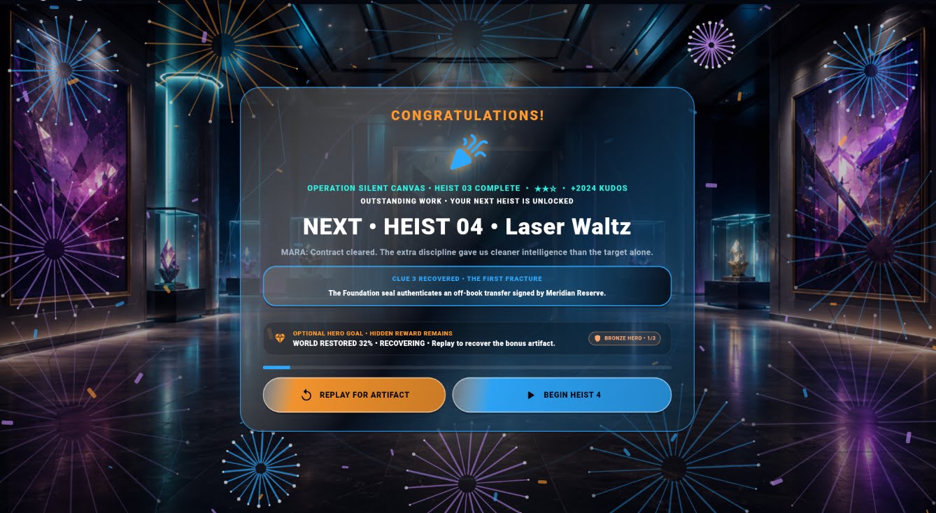 HEISTWEAVE heist completion screen unlocking the next mission
