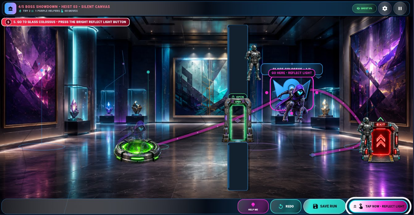 HEISTWEAVE museum gameplay showing a route through the Glass Colossus encounter